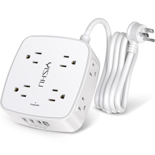 [RGT-00010545] Regleta protectora de sobretensiones de 6 pies, 8 tomas amplias con 4 puertos USB, extensor de salida de 3 lados con cable de extensión de 6 pies