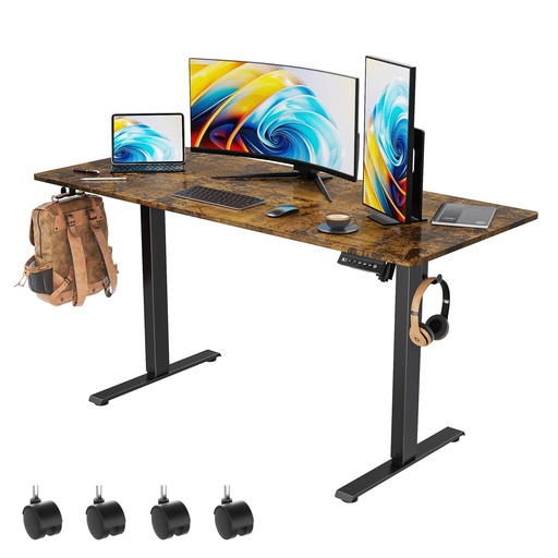 [ECG-00011771] VVENACE Escritorio eléctrico de pie de 55 x 24 pulgadas, altura ajustable con 4 ruedas, 4 ajustes de altura de memoria, 2 ganchos para auriculares, para oficina en casa, tablero de empalme marrón