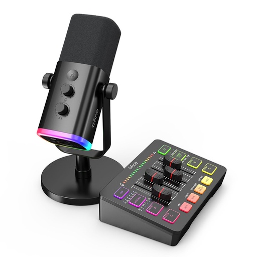 [ADIO-00009259] FIFINE Paquete de equipos de juego, juego de micrófono dinámico XLR/USB para juegos con mezclador de audio para grabación de podcasts, video vocal, juego de jugadores RGB con atenuador de