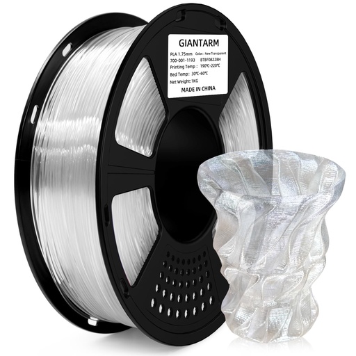 [FILA-00013220] GIANTARM Filamento de ácido poliláctico transparente, carrete de 1.75mm de PLA transparente de 1kg (2.2lbs), filamento para impresora 3D con embalaje al vacío color Pla 