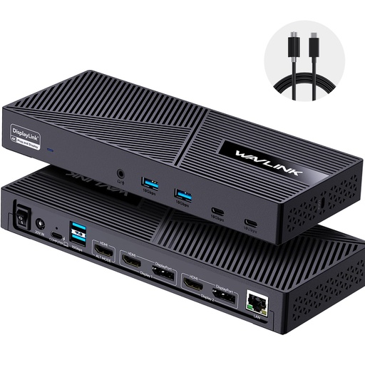 [PR-00042] WAVLINK Estación de acoplamiento de triple monitor USB-C para MacBook M1/M2/M3/M4/M5 y Windows – 100 W PD, 3 puertos HDMI/2 DisplayPort, puertos USB de 6 x 10 Gbps, Gigabit Ethernet, ideal para