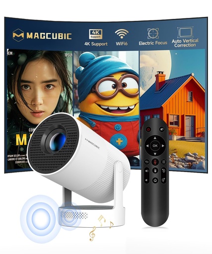 [PR-00076] Mini proyector Magcubic compatible con 4K, proyector portátil con WiFi 6 y Bluetooth 5.4, proyector inteligente, altavoz base sonora de 5 W, rotación de 180° para cine en casa