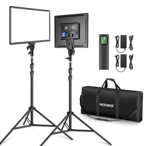 [PR-00108] Neewer Kit de iluminación LED de 18 pulgadas con panel de luz de video con control remoto, paquete de 2 unidades de 45 W regulable bicolor + soporte de trípode, luz suave CRI 97+ 4800Lux para juegos