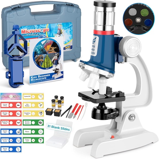[PR-00239] Kit de microscopio para niños de 58 piezas, aumento de 100X-1200X, cuerpo de metal, luz LED, caja de transporte, juguete de experimento científico para niños de 5 a 12 años 