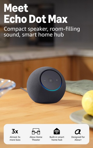 [PR-00275] Amazon Echo Dot Max (modelo más reciente): parlante Alexa con sonido que llena la habitación y graves casi 3 veces más potentes, ideal para salas y espacios medianos, diseñado para Alexa+, grafito