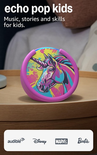 [PR-00277] Amazon Echo Pop Kids (modelo más reciente), Disfruta audiolibros apropiados para su edad, juegos interactivos y experiencias Alexa+ para crear y aprender, diseño Unicorn 
