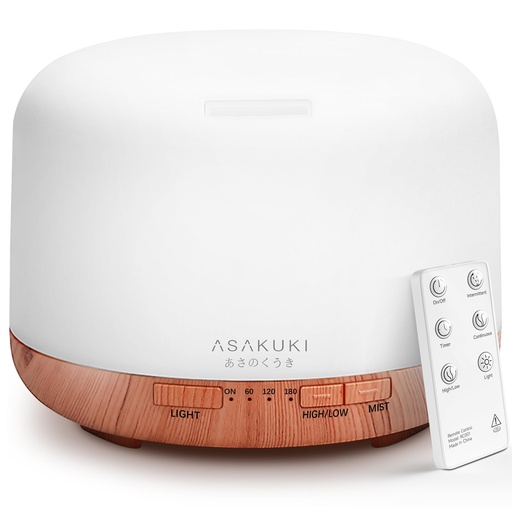 [DIFU-00009806] ASAKUKI - Difusor de aceites esenciales con control remoto, vaporizador humidificador ultrasónico, para aromaterapia, temporizador e interruptor de seguridad de apagado automático, marrón, 16.9 fl oz