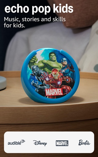 [ALEX-00012378] Amazon Echo Pop Kids (modelo más reciente), Creado para niños y con control parental, Avengers de Marvel