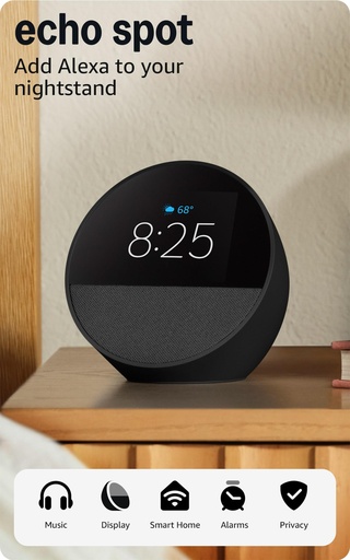 [ALEX-00009052] Amazon Echo Spot (2024) Parlante/Despertador Inteligente Con Alexa – Negro Carbon