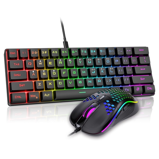 [TCL-00009086] Combo Teclado/Mouse RedThunder - 60% Ligero, ultracompacto 61 teclas con retroiluminación RGB, Mouse 7200 DPI Honeycomb (Negro)